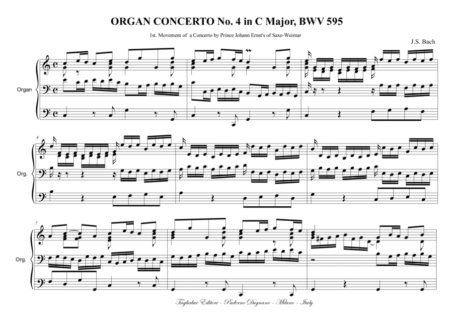 ORGAN CONCERTO No.4 in C Major - BWV 595 - 1st. Movement of a Concerto by Prince Johann Ernst's of Organ Solo scores gallery preview page 1