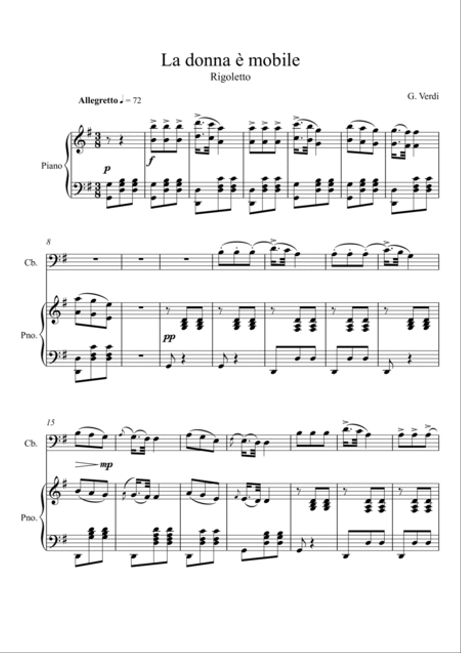 Giuseppe Verdi - La donna e mobile (Rigoletto) Double Bass - G Key String Duet scores gallery preview page 1