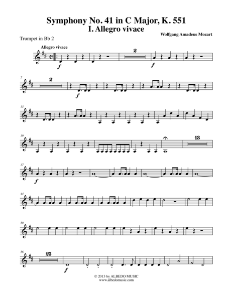 Mozart Symphony No. 41, Jupiter, Movement I - Trumpet in Bb 2 (Transposed Part), K. 551