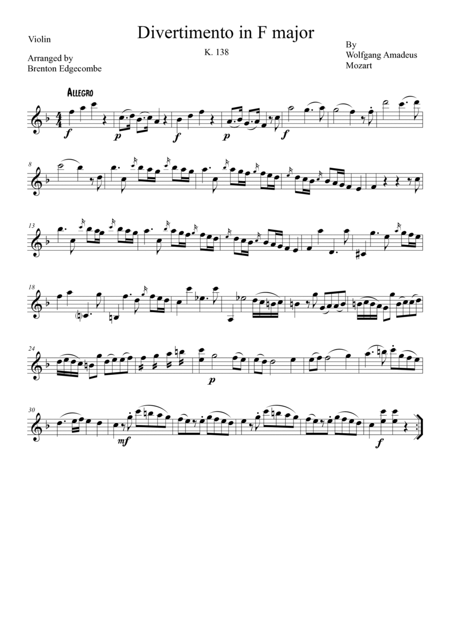 Mozart Divertimento in F major K. 138 String Duet scores gallery preview page 1