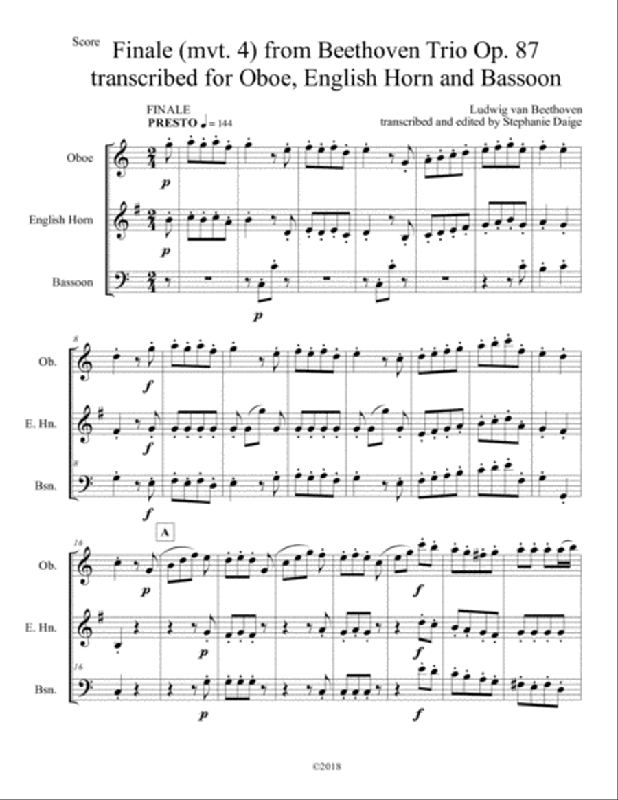 Finale - Presto (Mvt. 4) from Beethoven Trio in C Major, Op. 87, for Oboe, English horn, and Bassoon Woodwind Trio scores gallery preview page 3