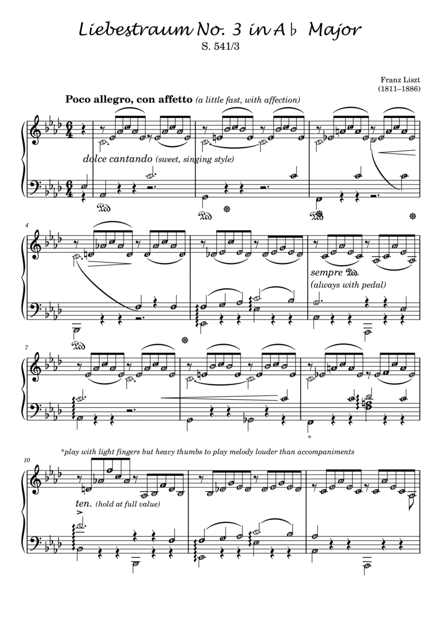 Liebestraum No. 3 in A flat major with note names & meanings - Self Learning Series Piano Method scores gallery preview page 1