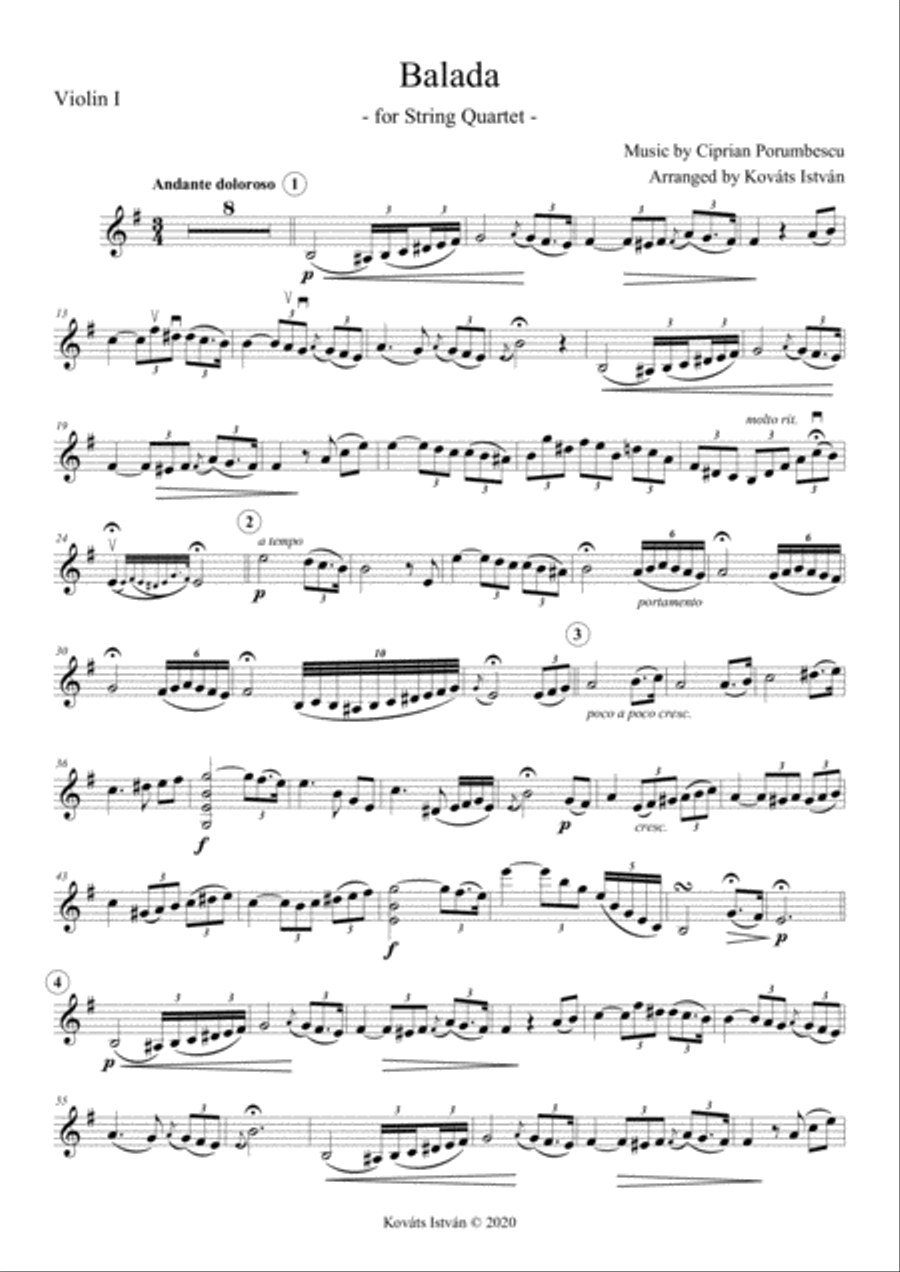 Balada (Porumbescu) for String Quartet String Quartet scores gallery preview page 1