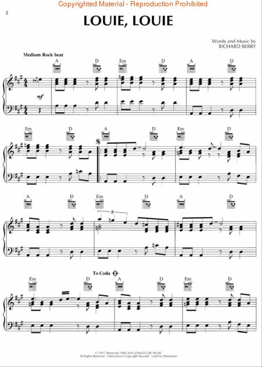 Louie, Louie Piano, Vocal, Guitar scores gallery preview page 2