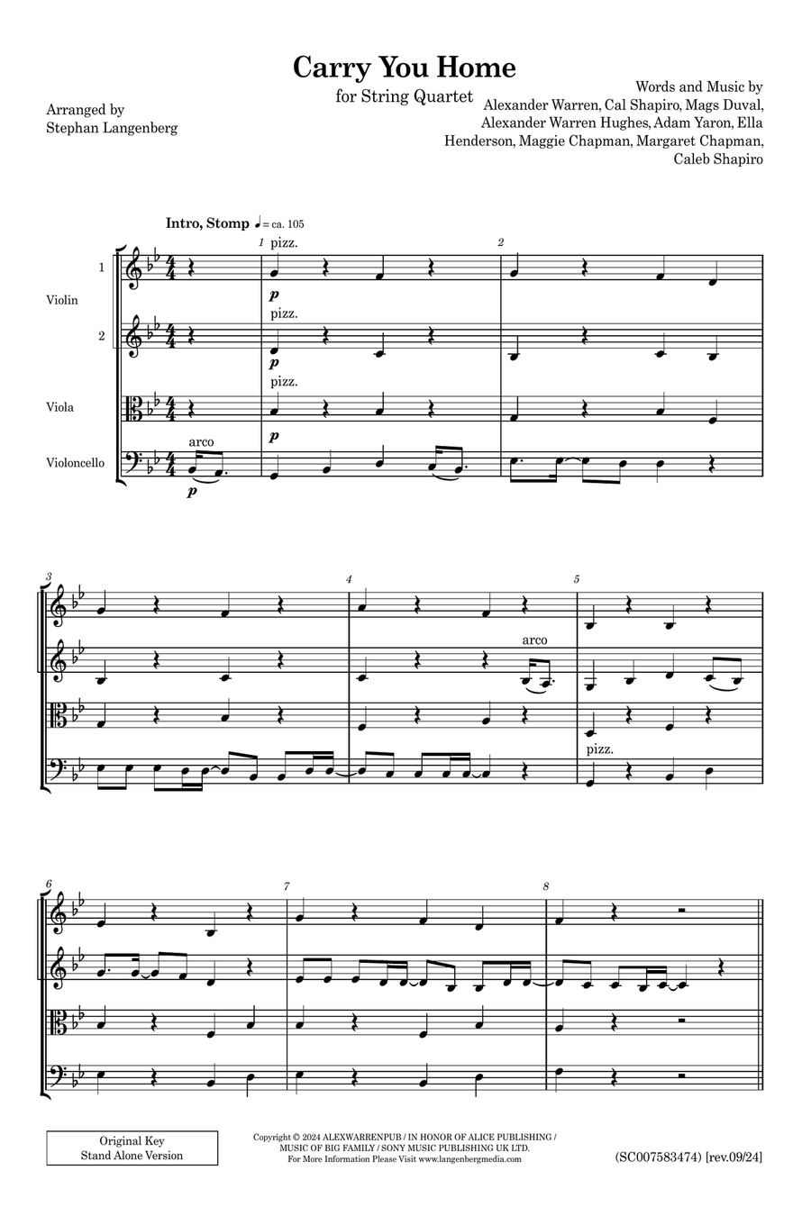 Carry You Home String Quartet scores gallery preview page 1