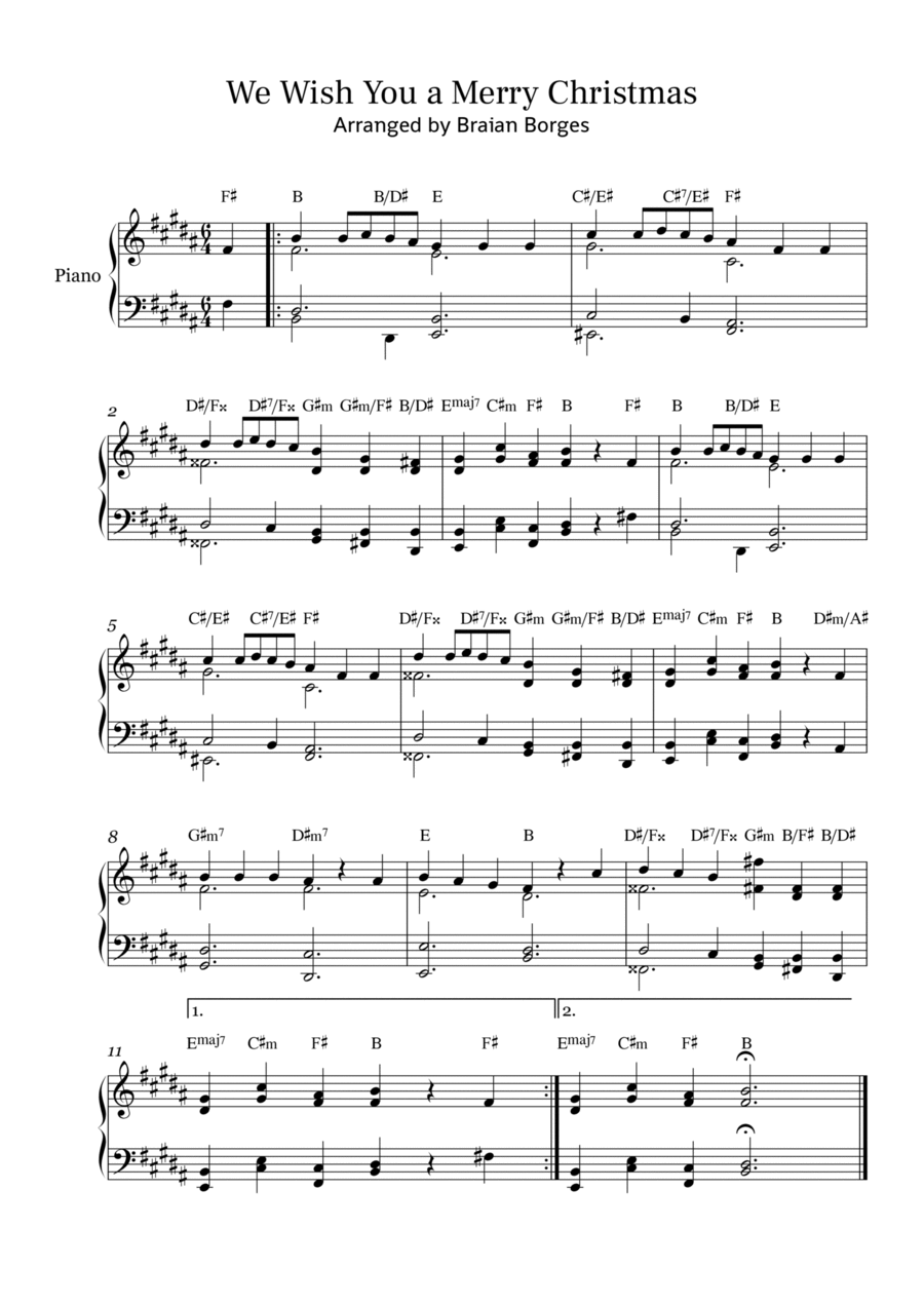 We Wish You a Merry Christmas - For Piano Solo, in B Major Piano Solo scores gallery preview page 1
