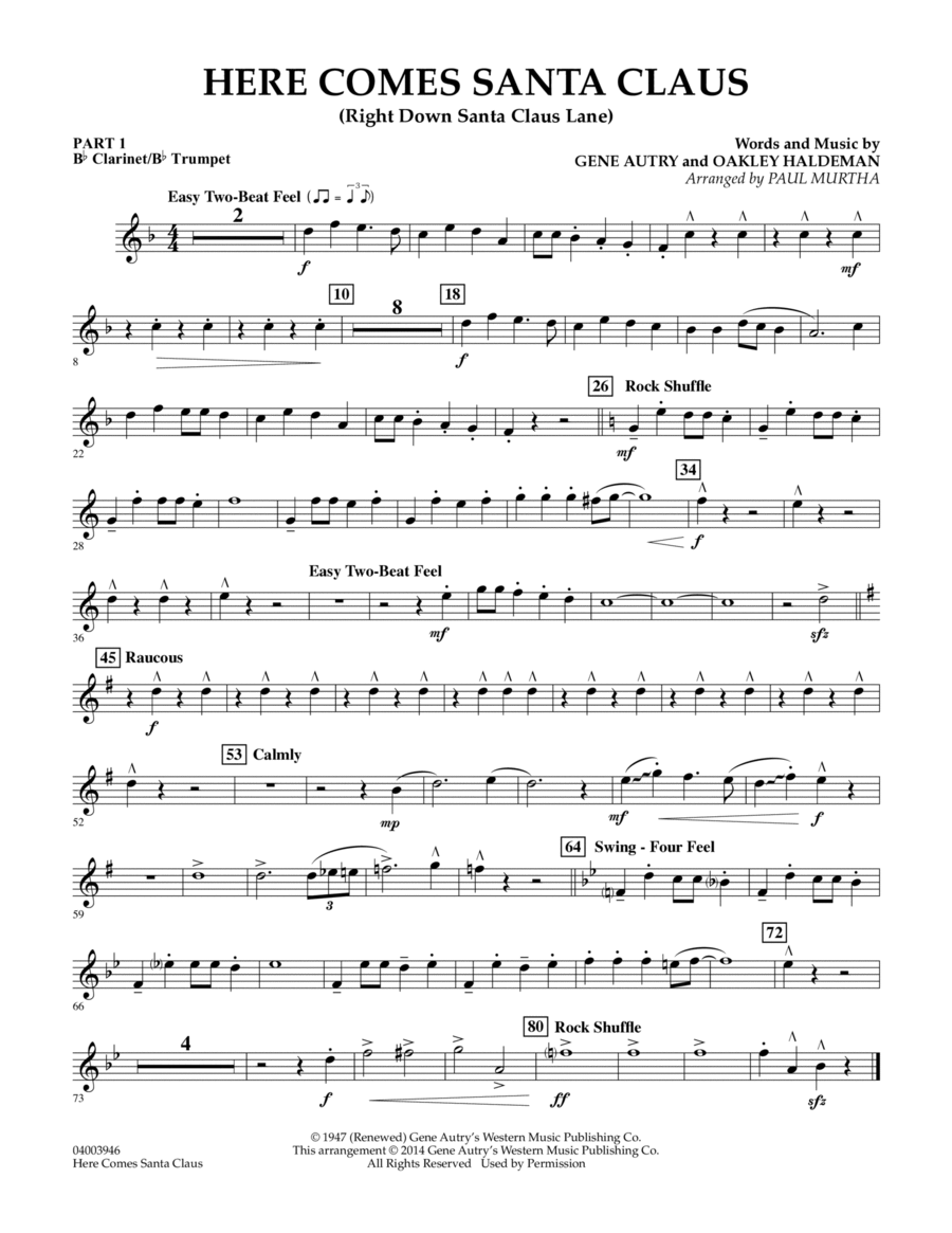 Here Comes Santa Claus (Right Down Santa Claus Lane) - Pt.1 - Bb Clarinet/Bb Trumpet Concert Band scores gallery preview page 1