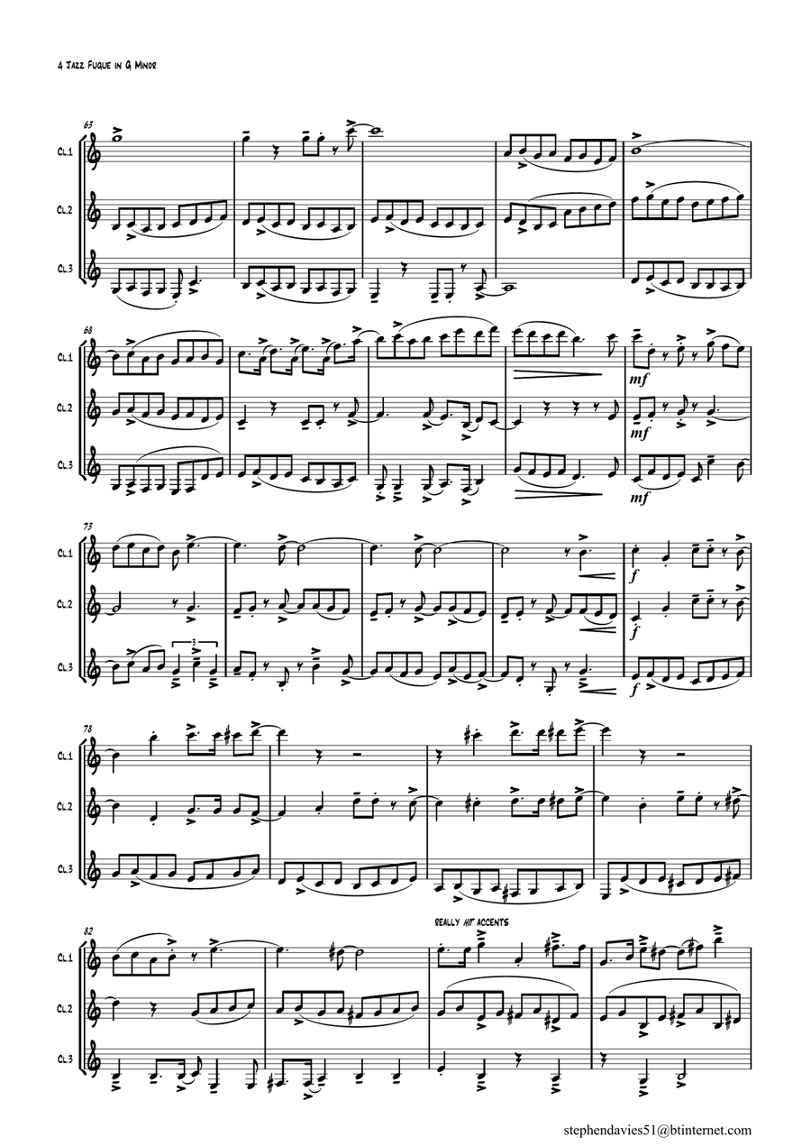 'Jazz Fugue in G Minor', based on the 'Fantasia & Fugue in G Minor' BWV542 by J.S.Bach for Clarinet Woodwind Trio scores gallery preview page 4