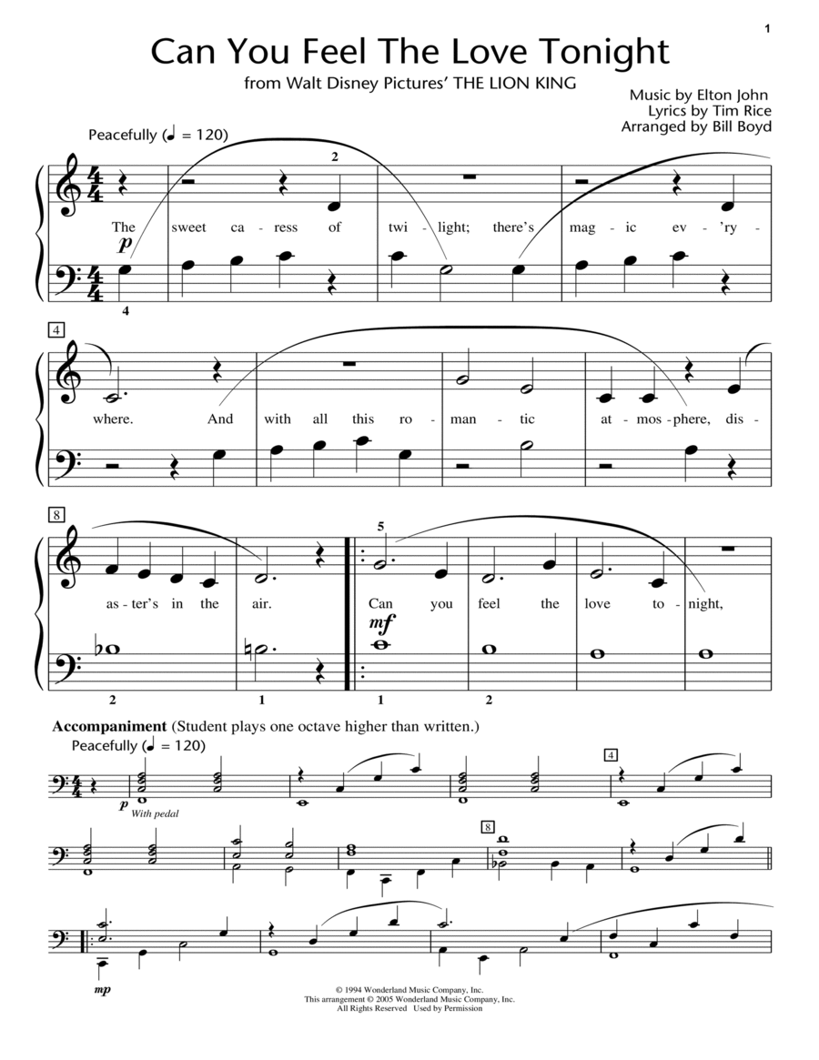 Can You Feel The Love Tonight (from The Lion King) (arr. Bill Boyd) Piano Method scores gallery preview page 1