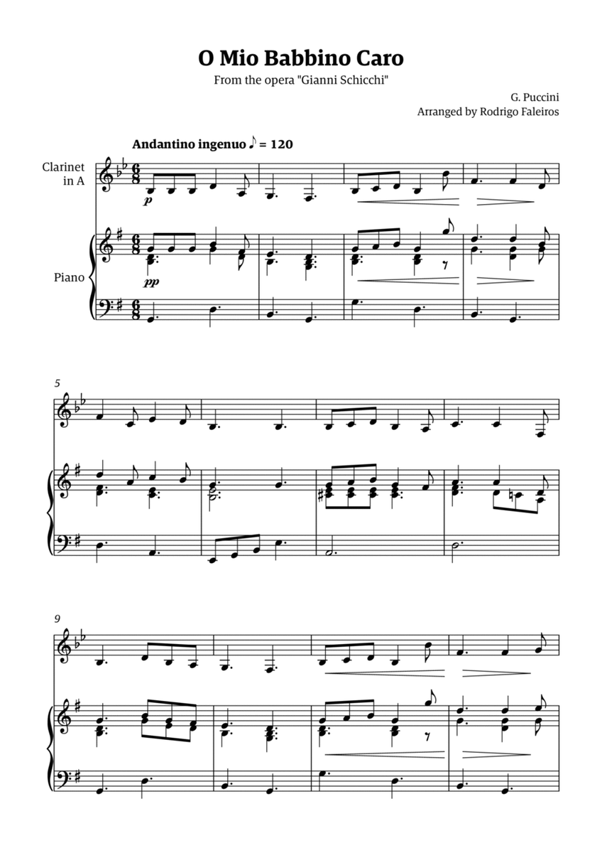 O Mio Babbino Caro - for clarinet solo (with piano accompaniment) image number null