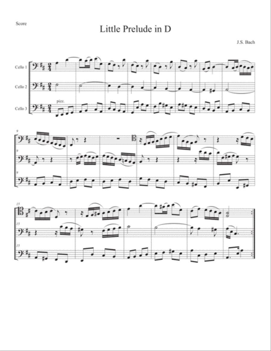 Little Prelude in D by Bach for Cello Trio String Trio scores gallery preview page 1