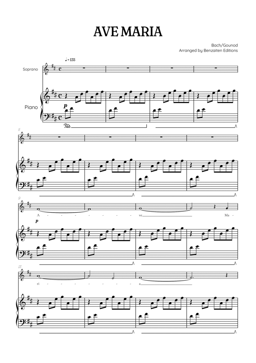 Bach / Gounod Ave Maria in D major • soprano sheet music with piano accompaniment image number null