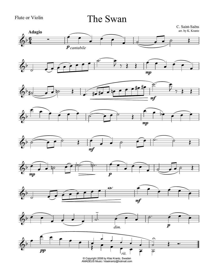 The Swan / Le cygne for violin or flute and easy guitar (+TAB) Flute scores gallery preview page 5