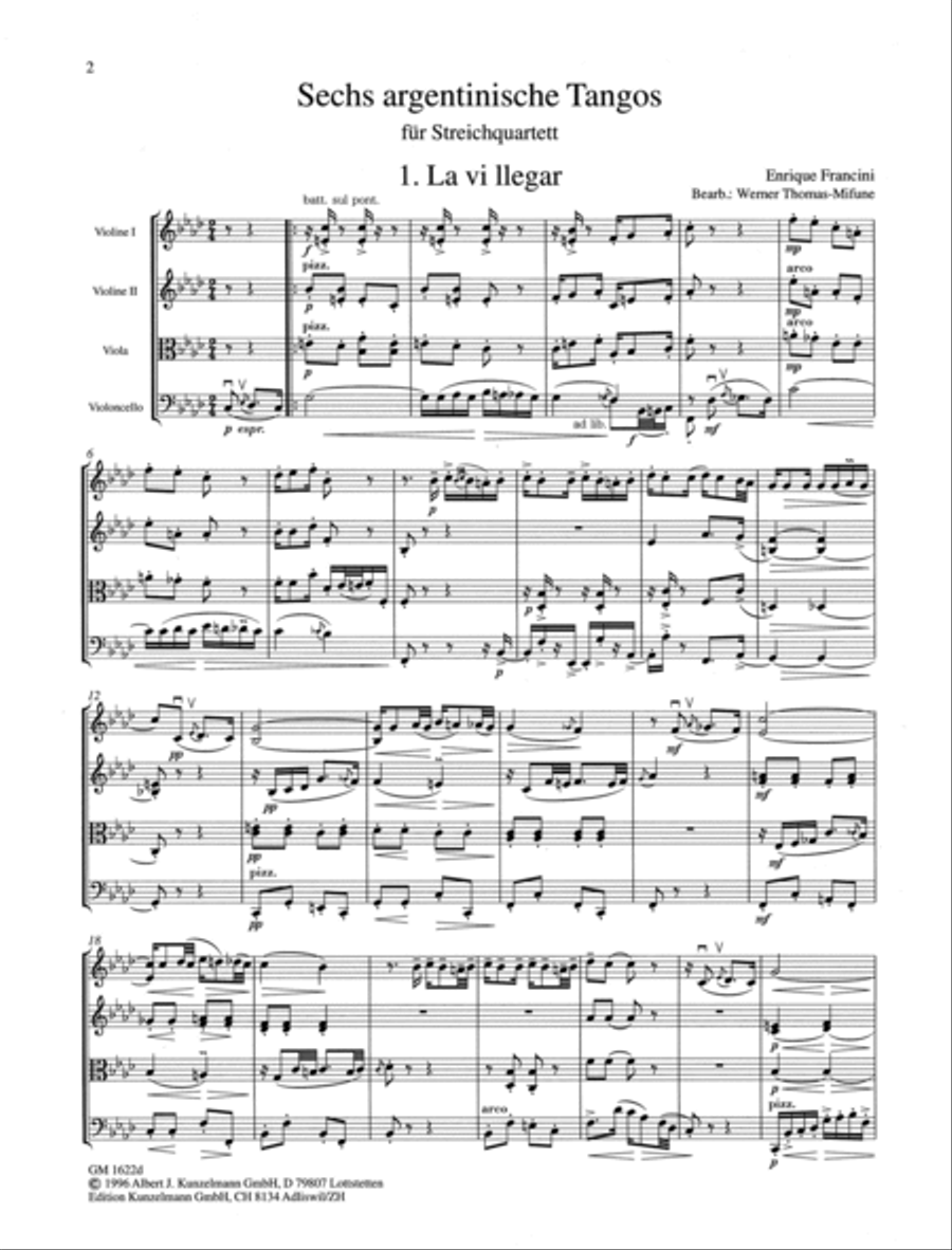 Argentinian tangos for string quartet, Tangos 1-3 String Quartet scores gallery preview page 2