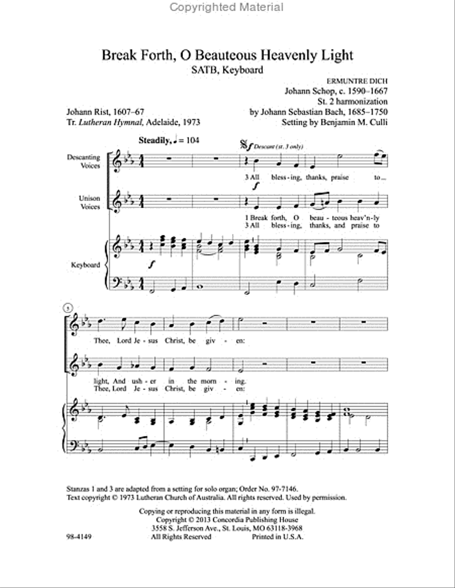 Break Forth, O Beauteous Heavenly Light (Culli) 4-Part scores gallery preview page 2