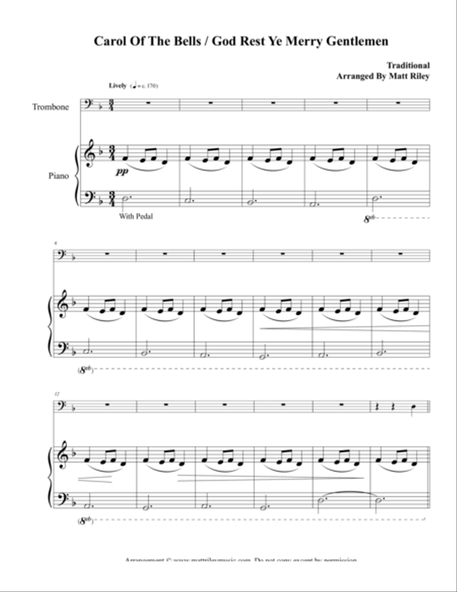 Carol of the Bells / God Rest Ye Merry Gentlemen – Trombone Trombone Duet scores gallery preview page 1