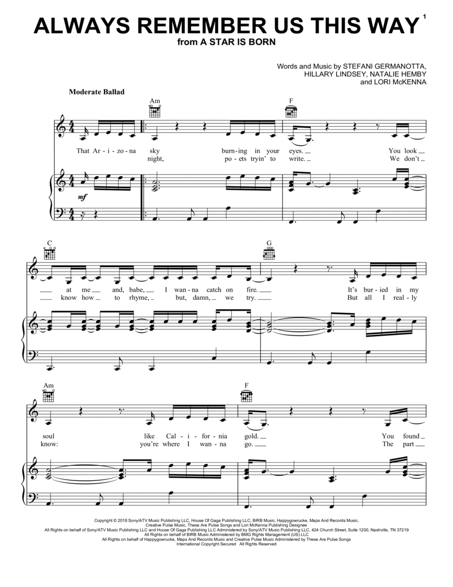 Always Remember Us This Way (from A Star Is Born) Piano, Vocal, Guitar scores gallery preview page 1