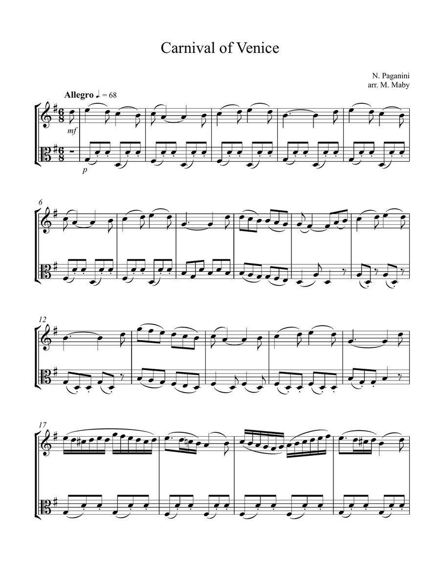 Carnival of Venice for violin & viola duet String Duet scores gallery preview page 1