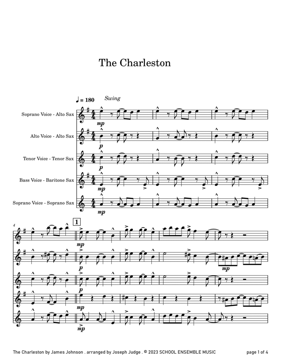 The Charleston by Johnson for Saxophone Quartet in Schools Saxophone Quartet scores gallery preview page 1