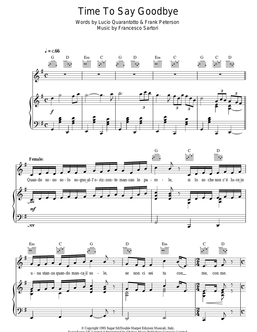 Time To Say Goodbye (Con Te Partiro) Piano, Vocal, Guitar scores gallery preview page 1