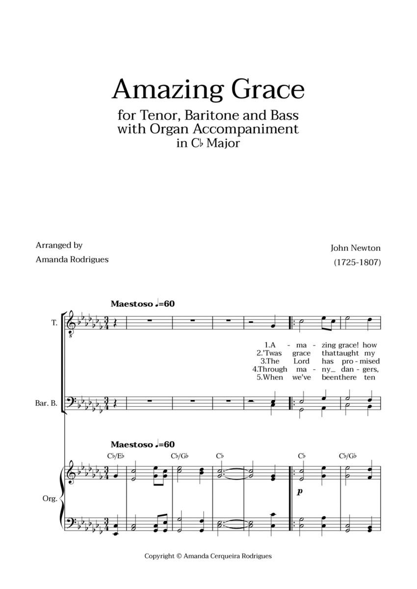 Amazing Grace in Cb Major - Tenor, Bass and Baritone with Organ Accompaniment and Chords image number null