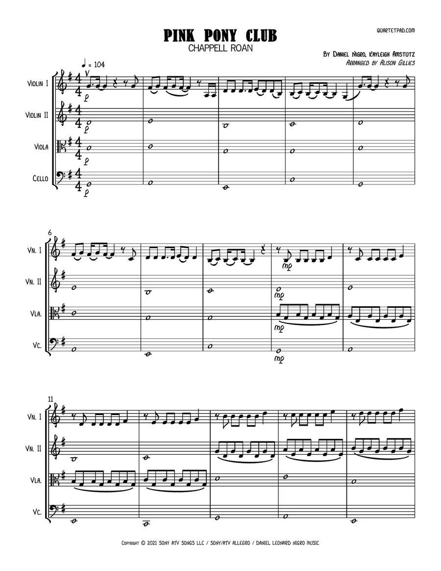 Pink Pony Club String Quartet scores gallery preview page 1