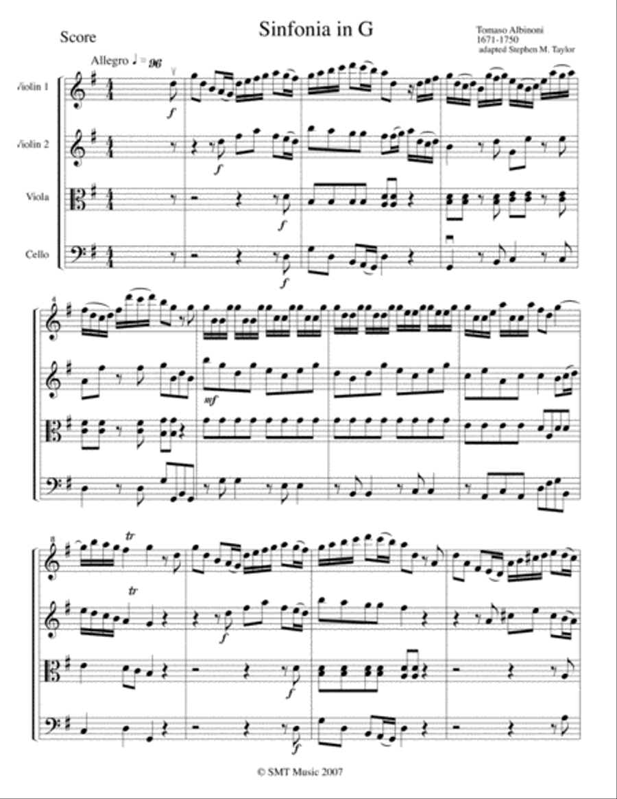 Sinfonia in G String Quartet (Albinoni) String Quartet scores gallery preview page 1