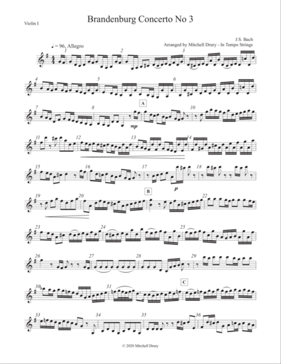 Brandenburg Concert No. 3 - Allegro - String Quartet / Trio String Quartet scores gallery preview page 1