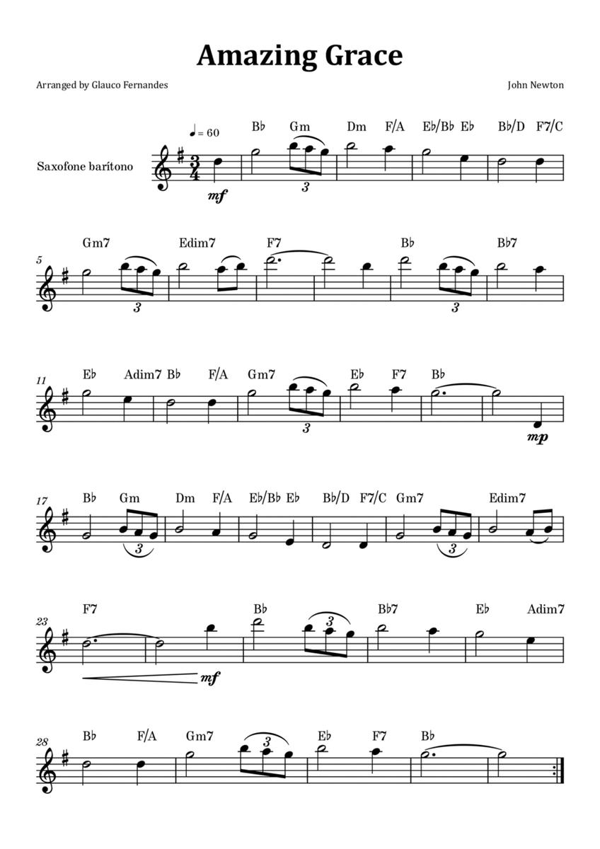 Amazing Grace - Baritone Saxophone Solo with Chord Notation image number null