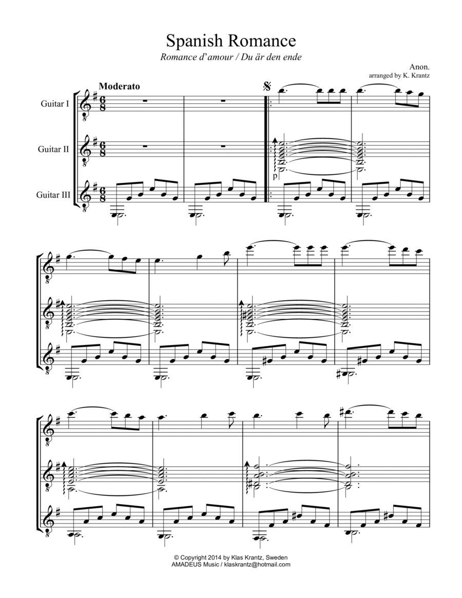 Spanish Romance, Romanza for guitar trio Guitar Ensemble scores gallery preview page 1
