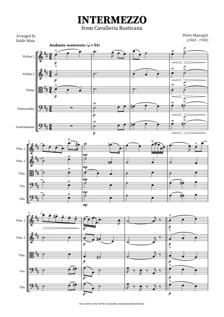 Intermezzo from Cavalleria Rusticana for String Quintet in D Major image number null