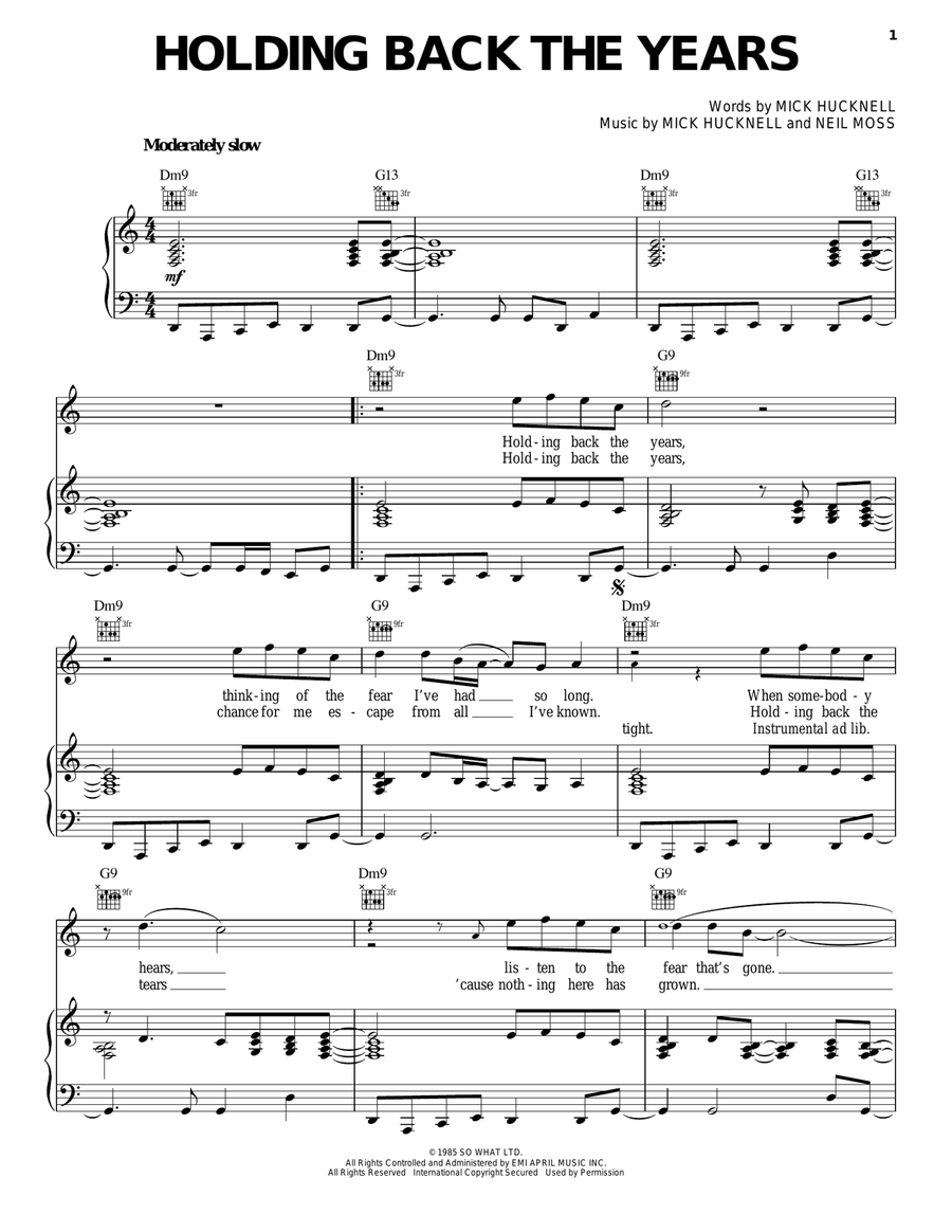 Holding Back The Years Piano, Vocal, Guitar scores gallery preview page 1