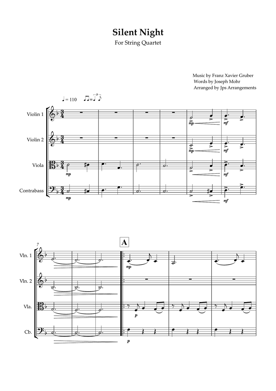 Silent Night for String Quartet in F Major