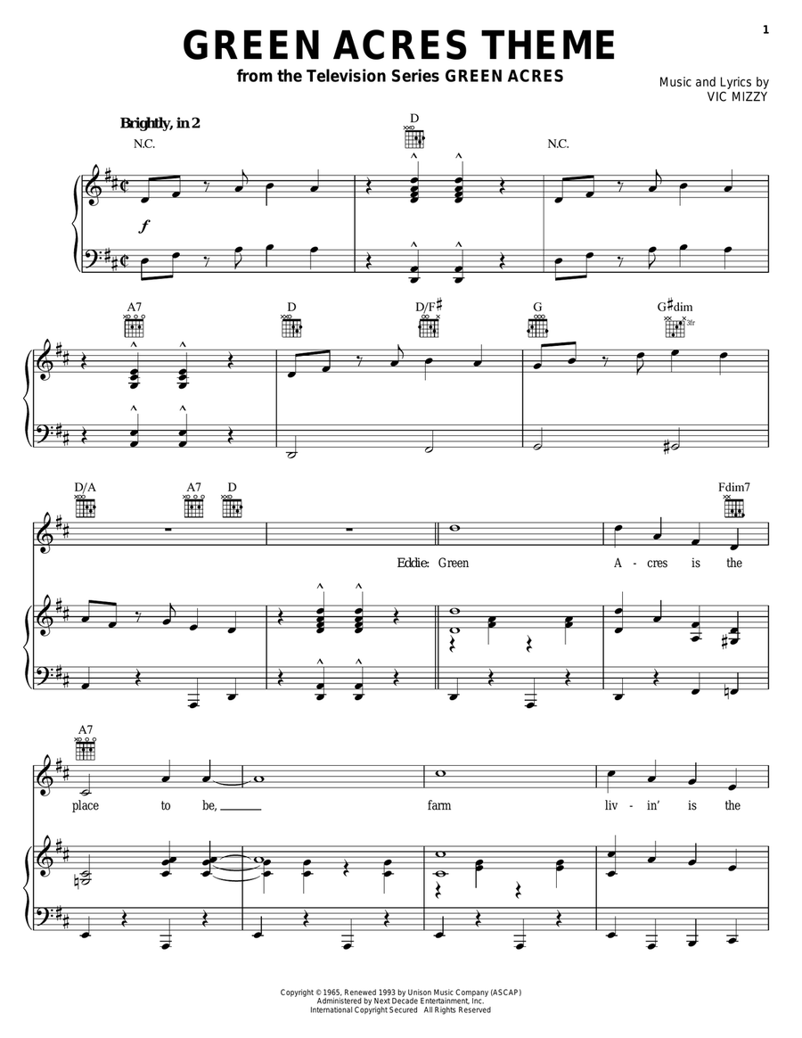 Green Acres Theme Green Acres Theme Piano, Vocal, Guitar scores gallery preview page 1
