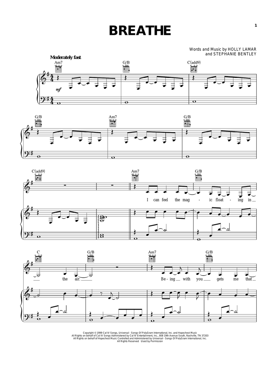Breathe Piano, Vocal, Guitar scores gallery preview page 1