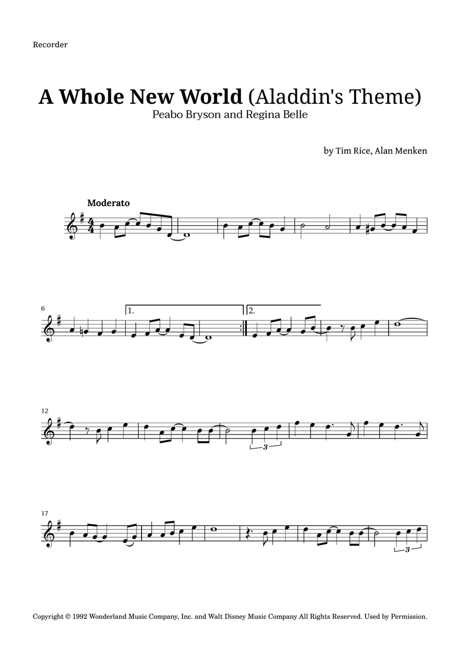 A Whole New World (aladdin's Theme) Recorder scores gallery preview page 1