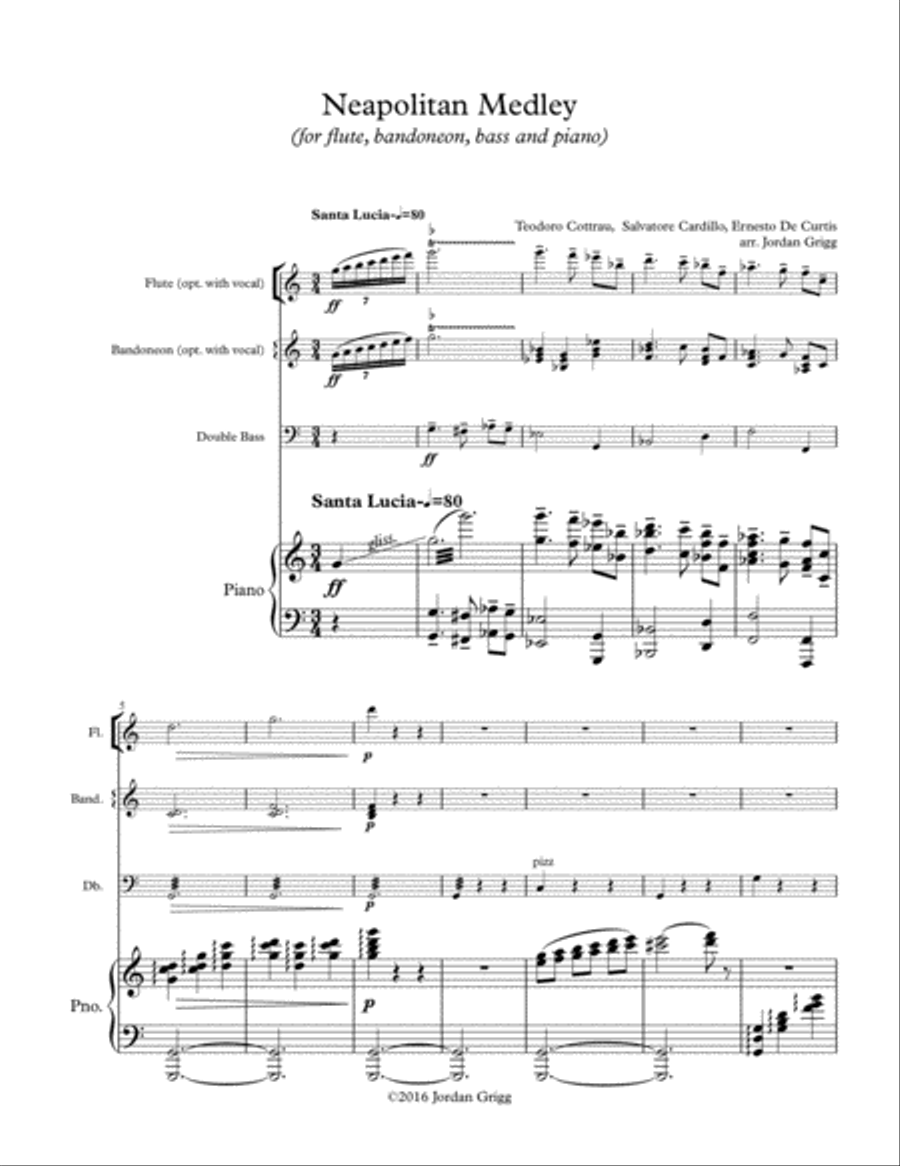 Neapolitan Medley (for flute, bandoneon, bass and piano) Small Ensemble scores gallery preview page 1