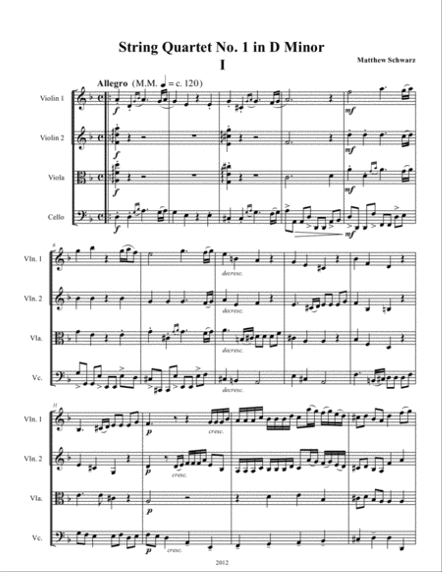 Matt Schwarz String Quartet 1 in D Minor Score String Quartet scores gallery preview page 1