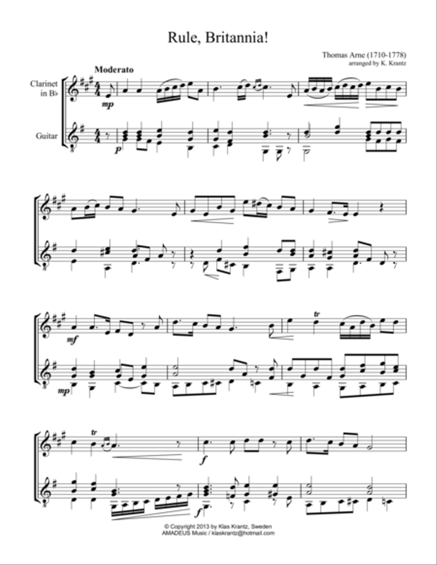 Rule Britannia! for clarinet in Bb and easy guitar B-Flat Clarinet scores gallery preview page 1