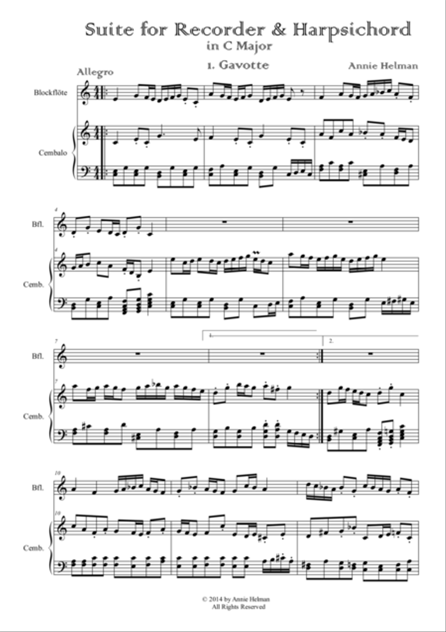 Suite for Recorder and Harpsichord in C major Soprano Recorder scores gallery preview page 1