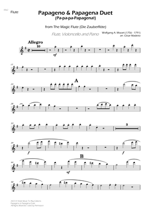 Papageno and Papagena Duet - Flute, Cello and Piano (Individual Parts)