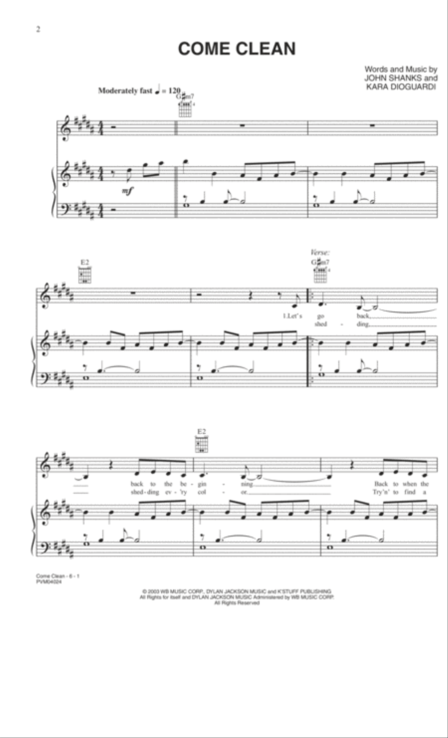 Come Clean Come Clean Piano, Vocal, Guitar scores gallery preview page 1