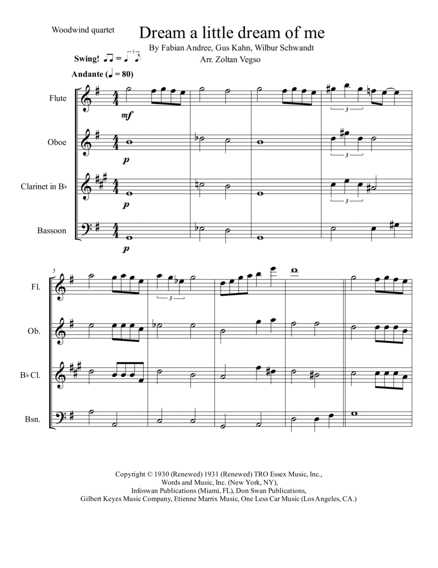 Dream A Little Dream Of Me Woodwind Quartet scores gallery preview page 1