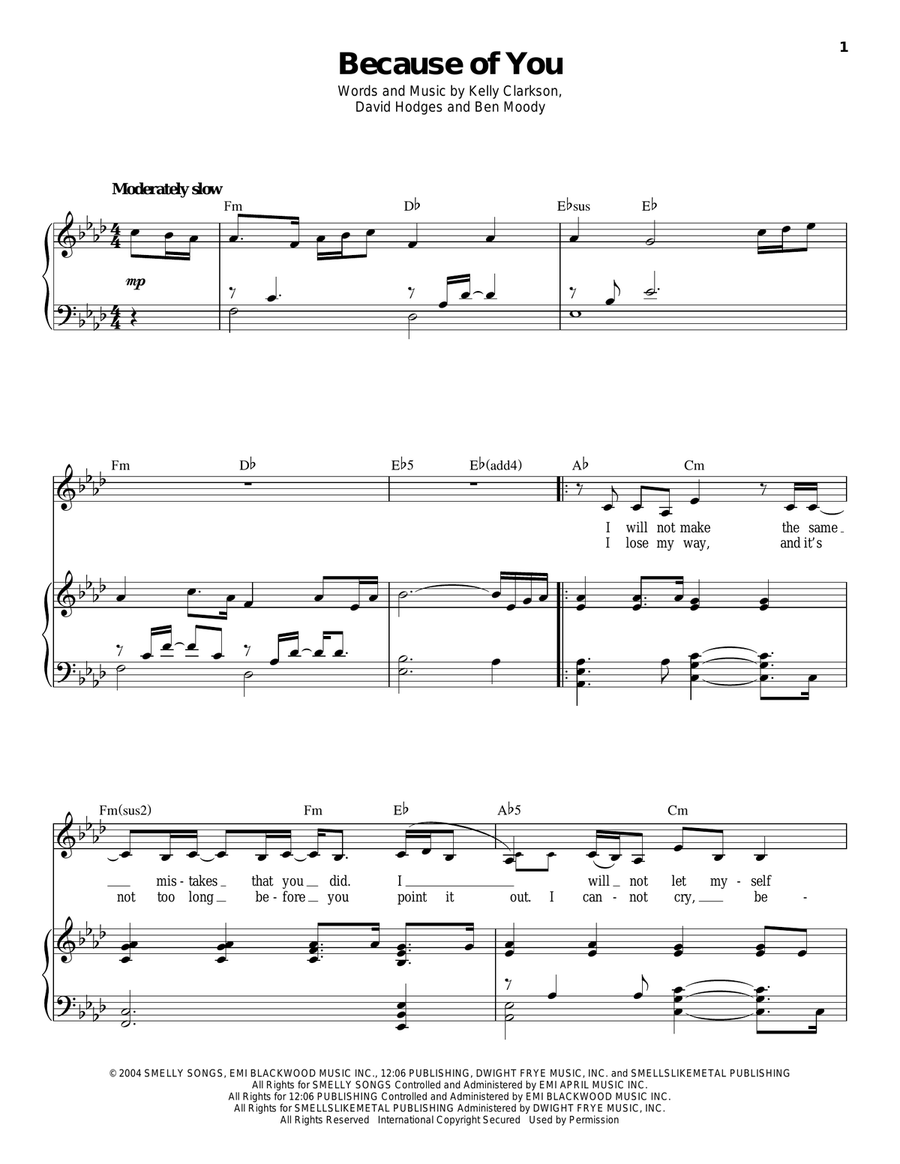 Because Of You Piano, Vocal scores gallery preview page 1