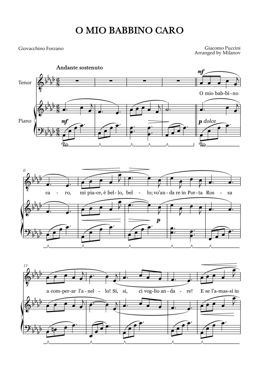 O Mio Babbino Caro | Male Voice Tenor | A-flat Major | Piano accompaniment | Pedal Tenor Voice scores gallery preview page 1