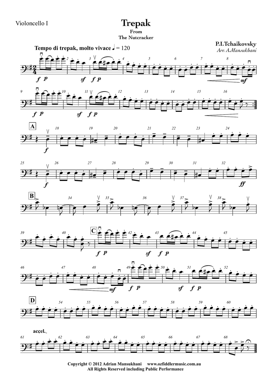 Trepak, from The Nutcracker, by Peter Ilyich Tchaikovsky, arranged for 3 Cellos and 1 Double Bass String Quartet scores gallery preview page 4