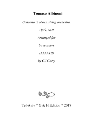 Book cover for Concerto, 2 oboes, string orchestra, Op.9, no.9 (Arrangement for 6 recorders)