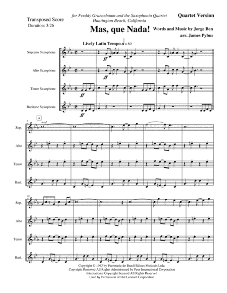 Mas Que Nada Saxophone Quartet scores gallery preview page 3