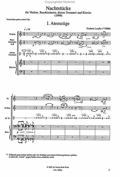 Nachtstücke für Violine, Bassklarinette, kleine Trommel und Klavier (1999)