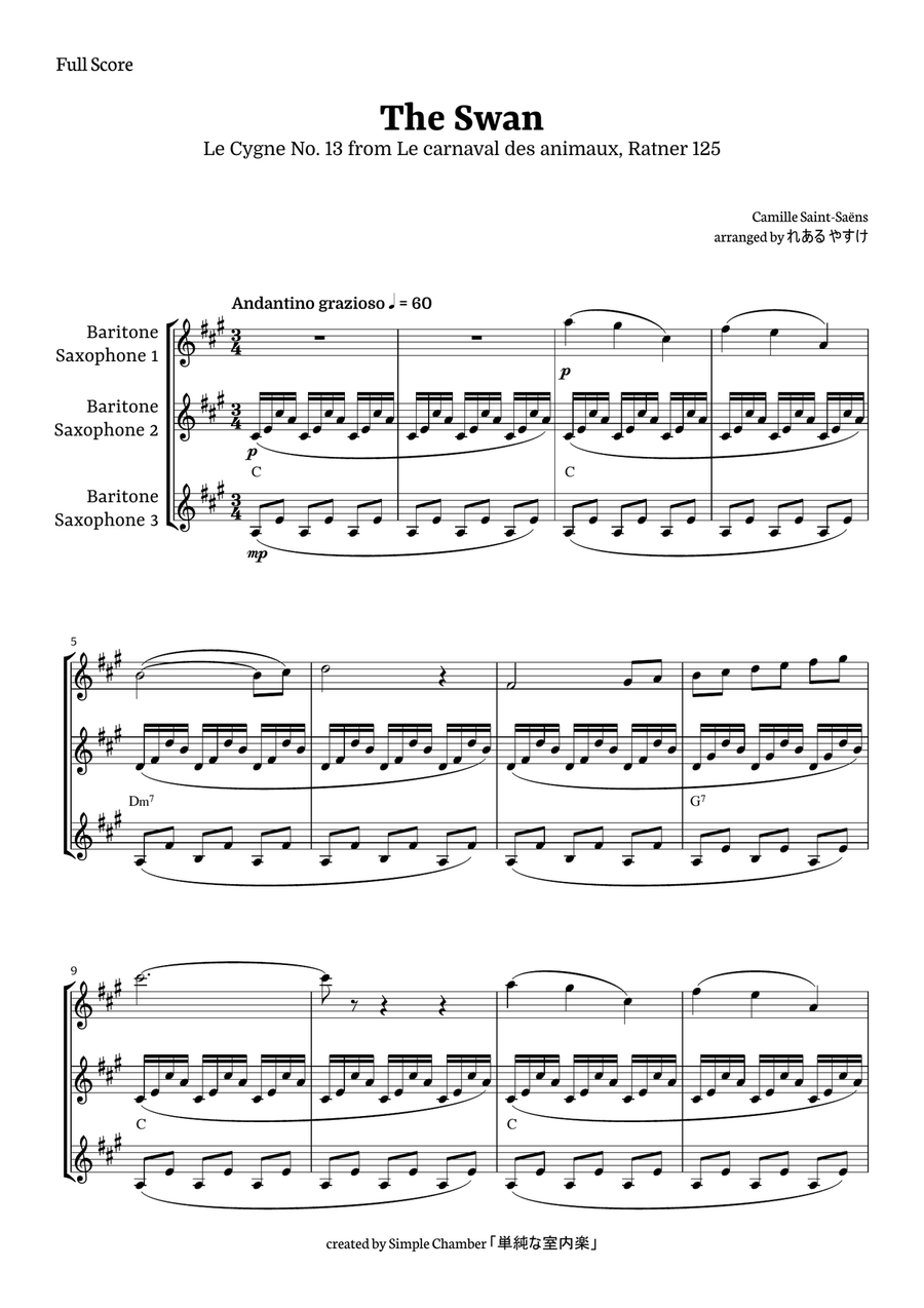 The Swan for Baritone Saxophone Trio by Saint-Saens, Ratner 125 Woodwind Trio scores gallery preview page 1